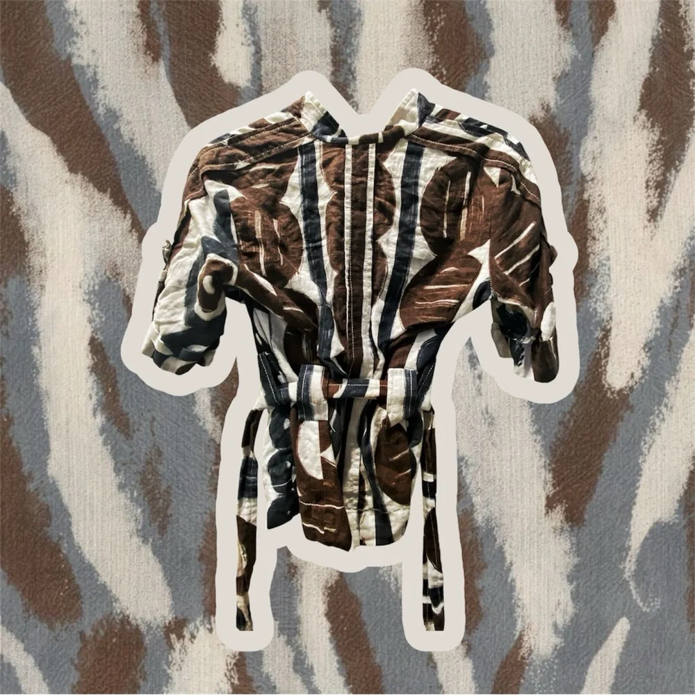 ZARA BASIC Printed Linen Tie Waist Shirt – Brown / Cream / Black – Size S - Picture 3 of 5